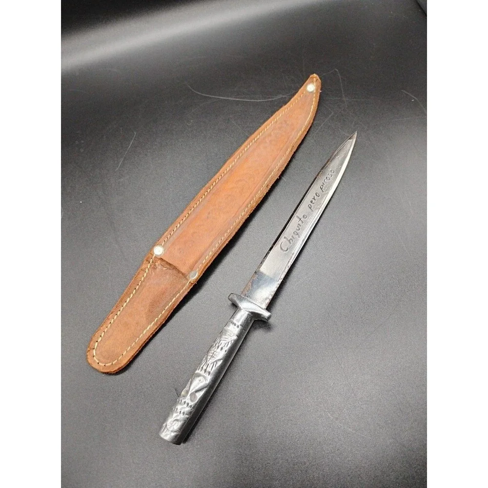 Vintage 9” Mexican Souvenir Dagger Aluminum Tribal Handle Engraved Blade Sheath